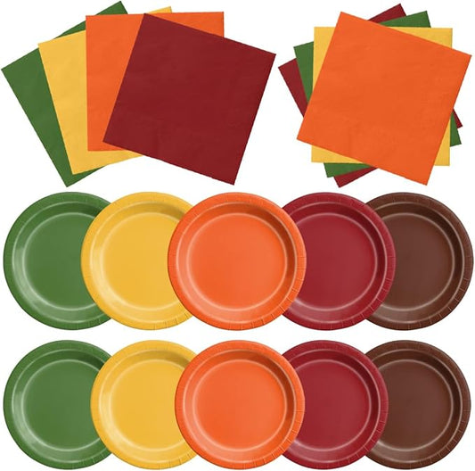 CMUSKO 60pcs Fall Plates and Napkins - Autumn Harvest Leaves Color Tableware Set for Thanksgiving, Birthday, Wedding