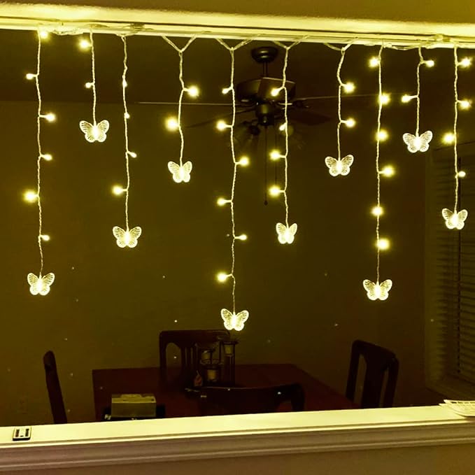 Butterfly Curtain Fairy Lights USB Plug in,8 Modes 120 LED 21FT Firefly Twinkle Timer String Lights with Remote, Waterproof for Bedroom Patio Christmas Wedding Party (Warm White)