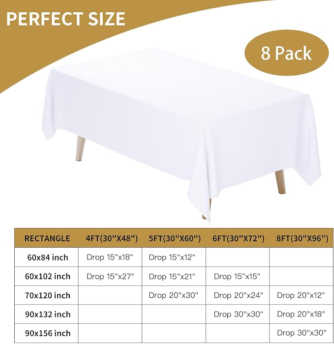 Fixwal 8 Pack White 60 x 102 Inch Rectangle Tablecloths, Reusable Heavy Duty Washable Polyester Table Covers for 6 Ft Tables, Wedding, Party, Outdoor, Picnic, Camping