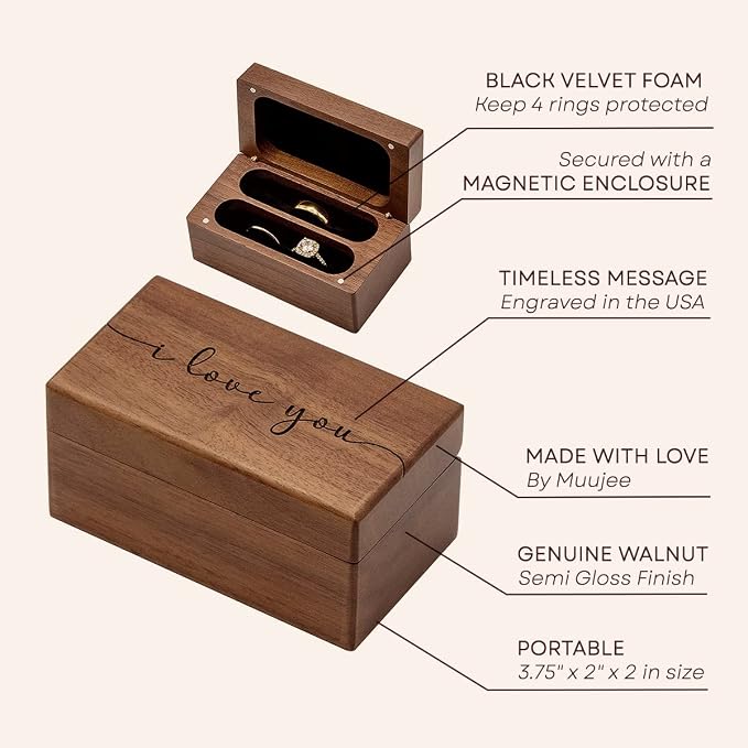 MUUJEE Quad Wooden Ring Box for Wedding Ceremony - Engraved Ring Holder Box for Engagement Proposal Anniversary and Valentines Day Gift for Him or Her (I Love You)
