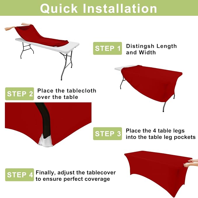 Moosfor Spandex Elastic Fitted 6FT Rectangle Tablecloth 6 Pack, Stretch Washable Reusable Table Cover for Outdoor Picnic, Dining, Wedding, Banquet & Party Events (Red, 72Lx30Wx30H Inch)