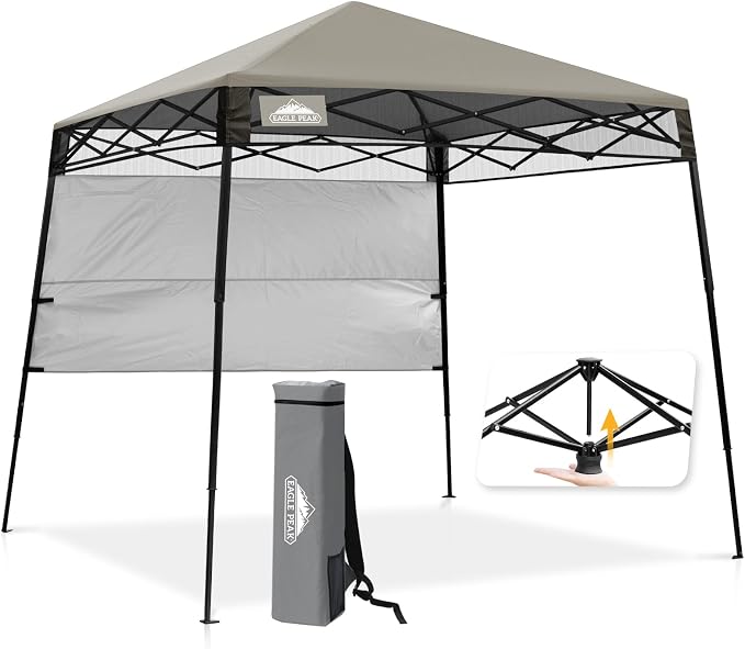EAGLE PEAK 8x8 Pop Up Canopy Tent with Sidewall, Compact, Portable Slant Leg Instant Sun Shelter for Beach, Sports, & Camping, 8x8 Base 6x6 Top, Light Brown