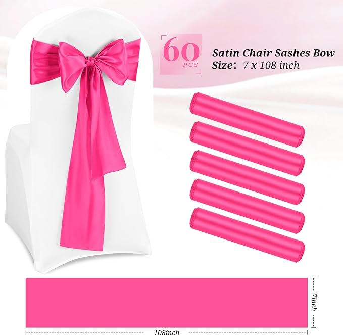 Pesonlook 60 PCS Hot Pink Satin Chair Sashes Bows Satin Chair Sashes Universal Chair Cover for Wedding Reception Restaurant Event Decoration Banquet,Party,Hotel Event Decorations (7 x 108 inch)