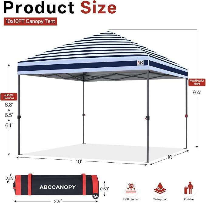 ABCCANOPY 10x10 Pop Up Canopy Tent, Easy Setup Instant Shelter with Wheeled Bag, Heavy Duty Outdoor Canopy for Beach, Market, Backyard, Outdoor Weather Protection (Navy Blue Stripes, 10x10)