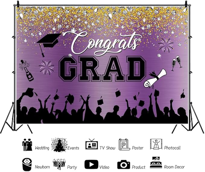 Leowefowa Congrats Grad Backdrop 9x6ft Black Gold Glitter Graduation Backdrops for Photography Congratulations Graduates Backdrop Banner Grad Prom Party Decor Grad Photo Booth Props