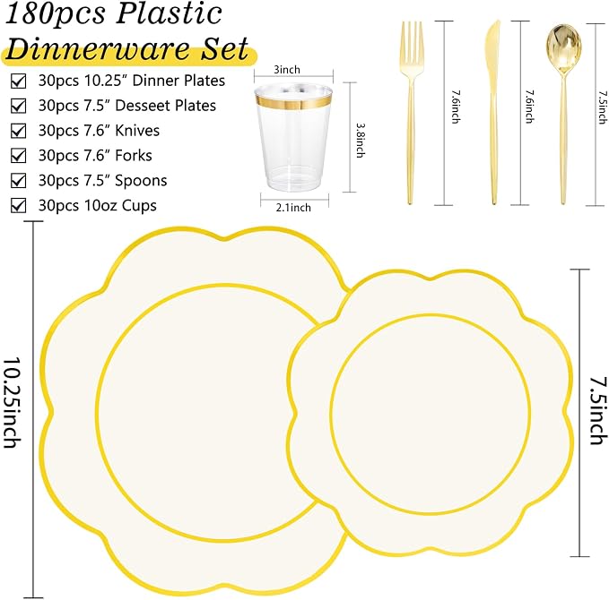 ejonirinjonir EI 180pcs Beige Plastic Plates with Gold Plastic Silverware,Heavy-Duty Disposable Plates for Party,White Dinnerware Set for 30 Guest Wedding,Afternoon Tea,Spring,Valentine's Day,Easter