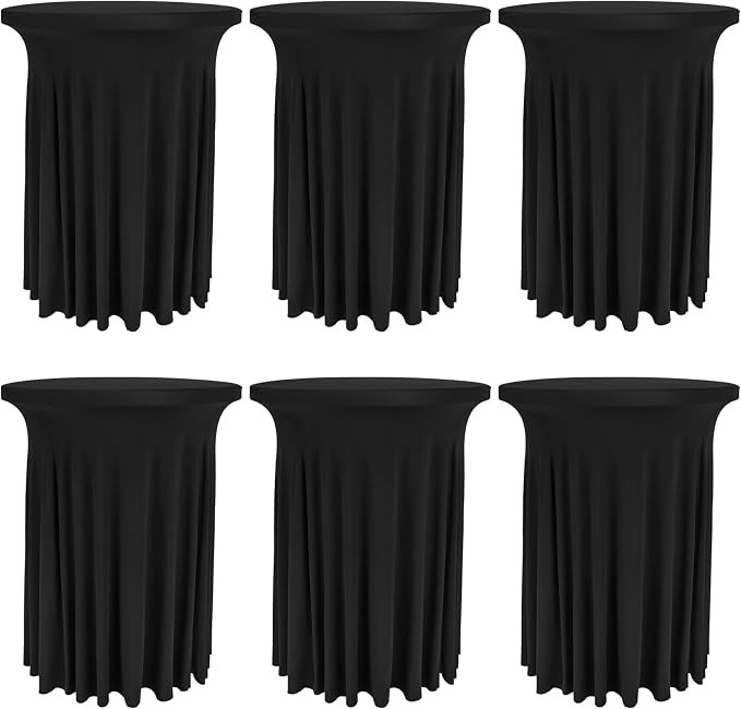 Fivenl 6 Pack Round Cocktail Tablecloth 32"x 43" Spandex Cocktail Table Skirt, Washable Stretch Fitted Table Covers for High Top Bar,Wedding,Party,Events (Black)