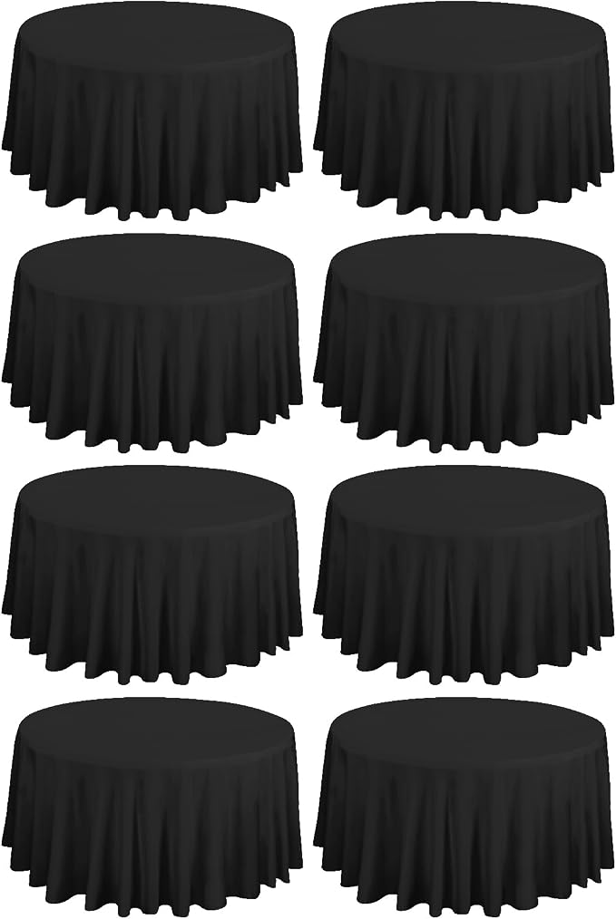 fani 8 Pack 108 Inch Round Black Polyester Tablecloth, Wrinkle & Stain Resistant, Perfect for 6ft & 8ft Round Tables, Formal & Casual Events