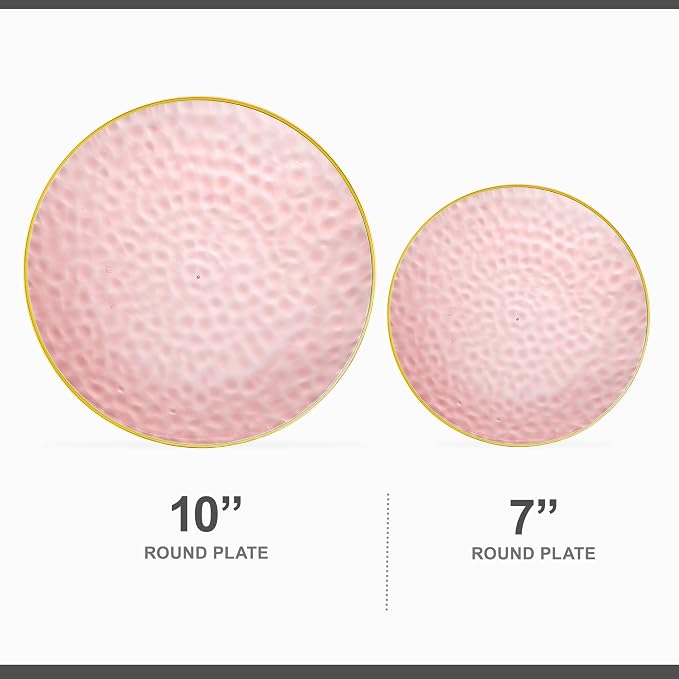 PLASTICPRO 64 Piece Combo Plates Set includes 32-7'' inch Plates & 32-10'' inch Plate Pink Hammered Plastic Party Plate Premium heavyweight Elegant, Disposable, Tableware, Dishes,