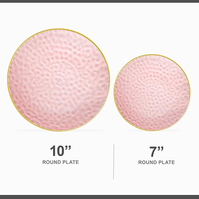 PLASTICPRO 32 Piece Combo Plates Set includes 16-7'' inch Plate & 16-10'' inch Plates Pink Hammered Plastic Party Plate Premium heavyweight Elegant, Disposable, Tableware, Dishes,