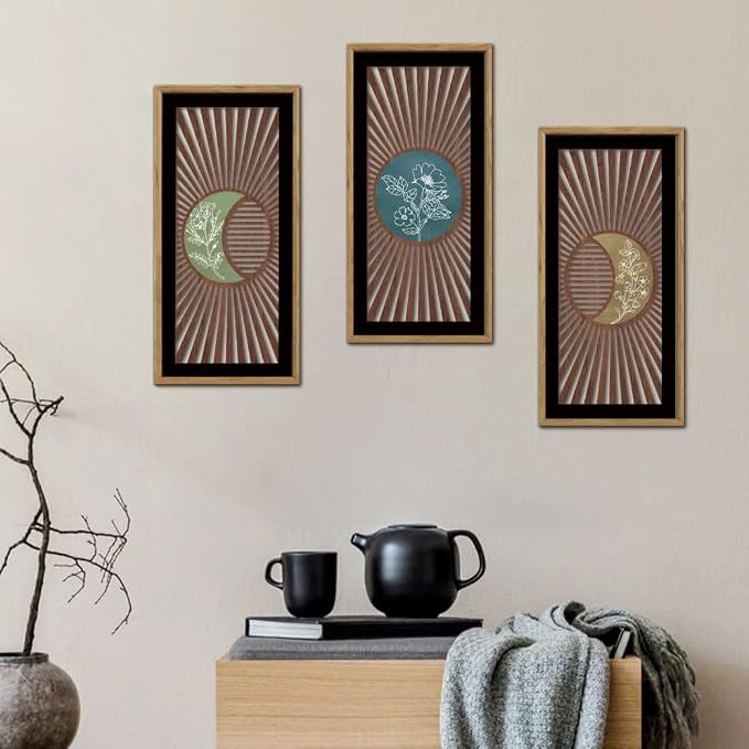 IARTTOP 3Pcs Boho Moon Phase Wall Decor Framed Celestial Wood Wall Art Set Mid Century Modern Abstract Geometric Botanical Hanging Decor for Living Room Bedroom Minimalist Home Decor 7.9x15.8 Inch
