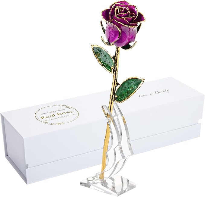 Gold Rose, 24K Gold Dipped Real Rose is Attractive Luster and Natural Shape, Best Gifts for Anniversary Wedding Valentines Day (Purple Original Rose with Stand)