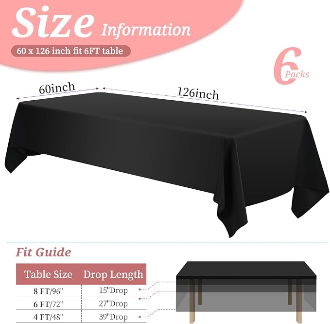 YMHPRIDE 6 Pack Black Rectangular Polyester Tablecloths, 60 x 126 inch, Stain & Wrinkle Resistant, Perfect for 8FT Tables, Wedding, Party, Banquet