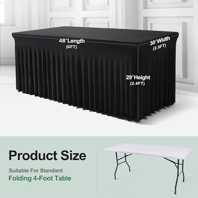 BDDC One-Piece Spandex Table Cover Skirt for 4FT Rectangle Tables | GRS-Certified Eco-Friendly Fabric, Elastic Fitted Ruffle Tablecloth, Washable, For Banquets, Weddings & Parties