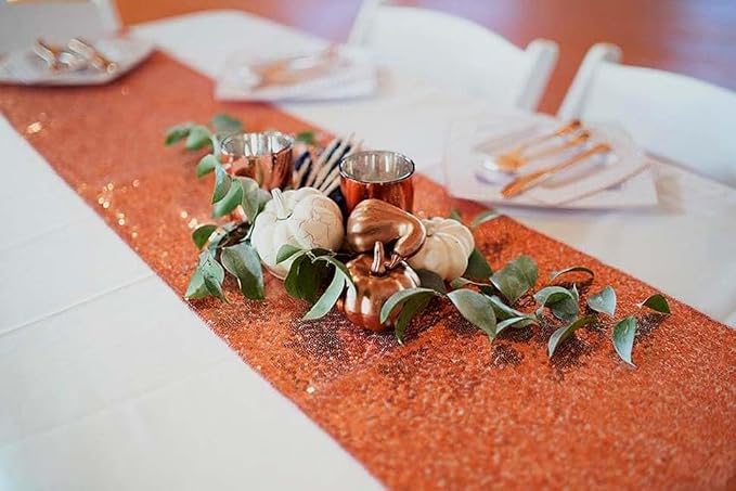 6 Pack Orange Sequin Table Runner 12 x 72 Inch - High Density Sparkly Glitter Table Runners for Thanksgiving Dinner, Halloween Party, Citrus Theme , Fiesta, Shimmering Orange Decor