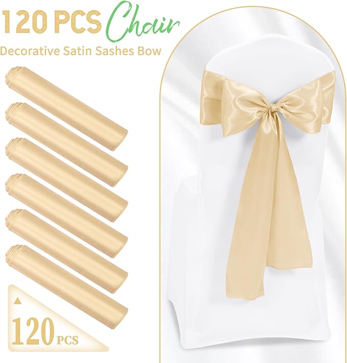 120 PCS Champagne Satin Chair Sashes, Ties Bows Designed Chairs Decorative, Chair Cover Sashes for Thanksgiving Wedding Christmas Banquet Party Home Kitchen Decoration (7 x 108 inch)