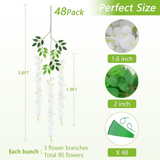 48Pcs Artificial Wisteria Hanging Flowers, 3.6Ft/Pcs White Fake Wisteria Garland for Wedding Party Home Garden Indoor Outdoor Decoration
