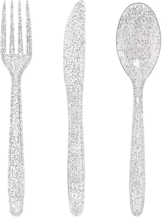 WDF 360 Silver Plastic Silverware- Disposable Silver Glitter Plastic Cutlery - Disposable Silverware including: 120Forks, 120Spoons, 120Knives for Christmas