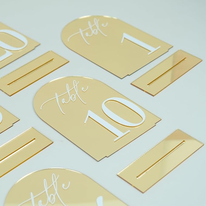 Gold Mirror Arch Acrylic Wedding table numbers 1-15 with Stands, 5"x7" Arched Acrylic Signs with White Numbers, Gold Mirror Table Numbers for Reception, Party, Anniversary, Event