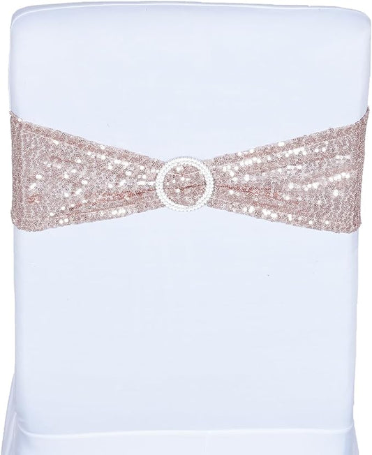 SquarePie Pack of 10 Sequin Chair Sashes Bands Glitter Rose Gold Double-Sided Sequins Stretch Chair Cover Bows with Buckle Slider for Wedding Party Fiesta Banquet Decor