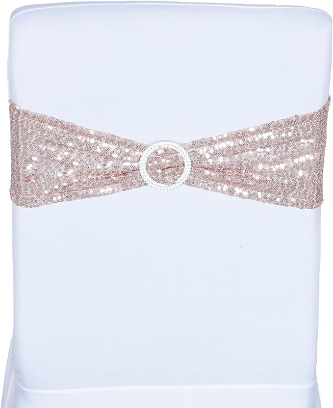 SquarePie Pack of 50 Sequin Chair Sashes Bands Glitter Rose Gold Double-Sided Sequins Stretch Chair Cover Bows with Buckle Slider for Wedding Party Fiesta Banquet Decor
