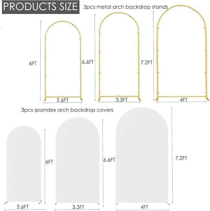 Wedding Arch Backdrop Stand and Cover Set, White, 6FT/6.6FT/7.2FT | Metal Arch Backdrop Stand, High Elasticity Arch Cover, For Wedding Birthday Baby Shower Celebration