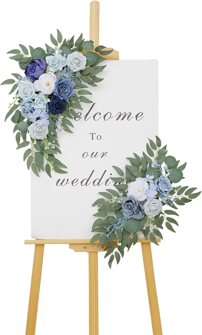 Wedding Welcome Signs Floral(Pack of 2)，Wedding Arch Flowers for Wedding Decorations and Reception Backdrop Decoration（New Blue）
