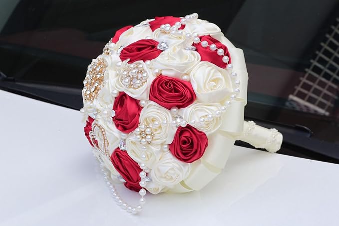 Burgundy and Ivory Bridal Wedding Bouquet with Rhinestone Brooch Pearl String Cascade Bouquet for Bride Bridesmaid Quinceanera Satin Rose Flower Bouquet Wedding Ivory and Burgundy 7.5in