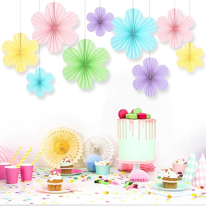 DODOKIM Paper Fans Party Decorations Paper Flowers Decorations for Wall Floral Backdrop Classroom Baby Shower Birthday Party Flower Wall Decor Pack of 9 Rainbow
