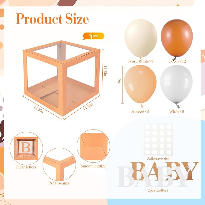 Zhanmai baby Boxes for Bear Baby Shower Decoration with 4 Letters 36 Balloons 4 Transparent Clear Balloon Box Blocks for Boy Girl Gender Reveal Party Favors(Cocoa, Apricot, Ivory, White)