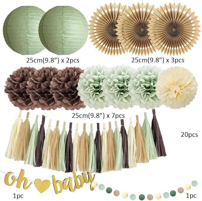 Woodland Baby Shower Decorations Sage Green and Brown Forest Theme Safari Jungle Baby Shower Decorations Gender Reval Party Decor with Beige Sage Green Brown Tassel Garlands