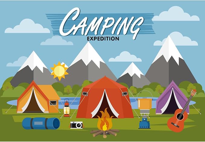Camping Adventure Backdrop Cartoon Forest Mountain Scenery Camping Expedition Photography Background Outdoor Campfire Camper Tent Backdrop Hiking Climbing Sign Guitar Background 7x5ft