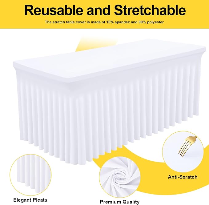 Smiry Spandex Tablecloth, Elastic Fitted Stretch Tablecloth for 8FT Rectangle Tables, Waterproof Washable Table Cover Skirt for Outdoor, Wedding, Banquet & Parties (White, 96Lx36Wx30H Inch)