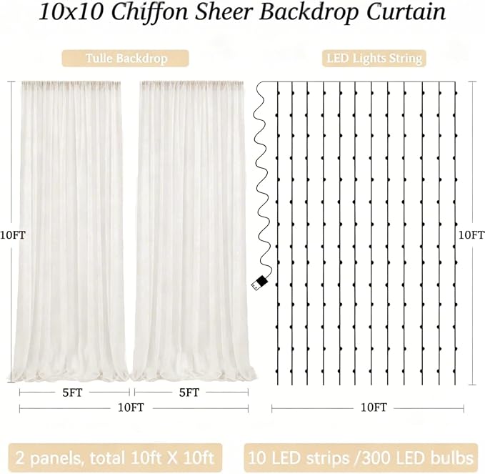 10ft x 10ft Cream White Chiffon Backdrop Curtain with Lights String for Parties,2 Panels Sheer Tulle Curtain Wedding Backdrop for Baby Shower Birthday Party Ceremony Reception Home Decorations
