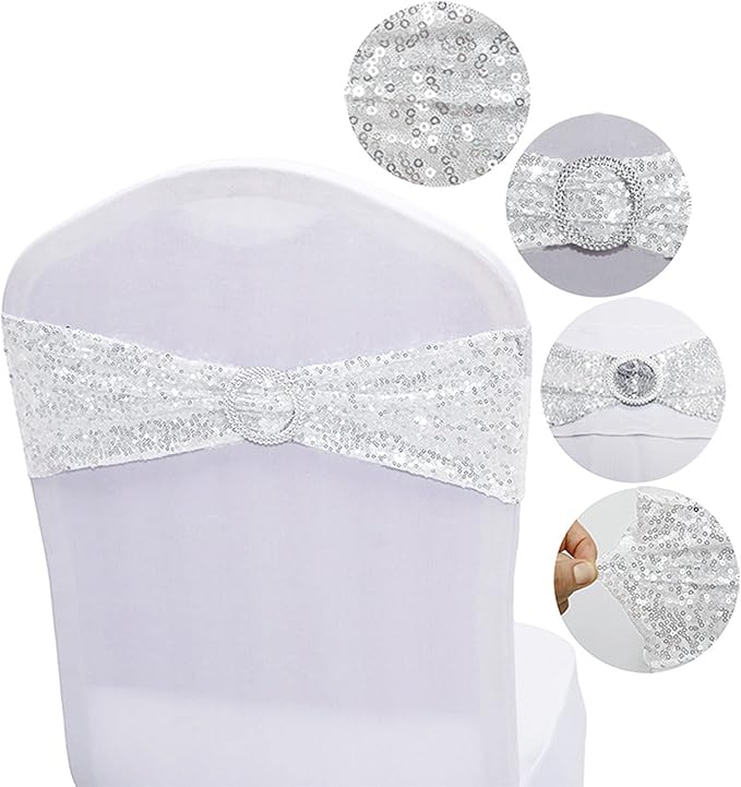 Dimatic 25 PCS Stretch Sequin Chair Sashes Chair Stretchy Spandex Bands for Wedding Reception Events Banquets Chairs Decoration (White)