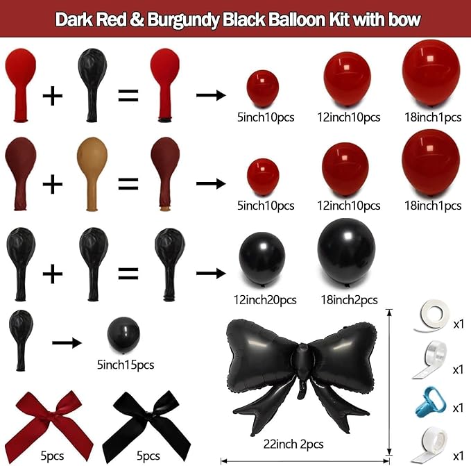 Dark Red Black Balloon Arch Kit with Bow, Double Stuffed Burgundy Black Red Maroon Balloon Garland for Birthday Baby Shower Anniversary Wedding Graduation Mother‘s Day Party Decoration