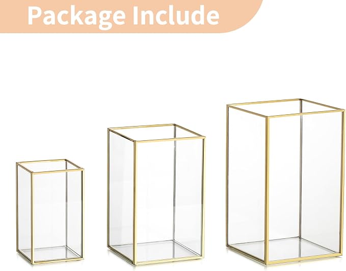 NUPTIO Hurricane Glass Candle Holders: 3Pcs Gold Lanterns Candle Holder for Pillar Candles Geometric Table Centerpiece for Outdoor & Indoor Wedding Christmas Holiday Party Decor 8.1 & 6.5 & 4.7 inch