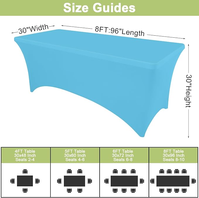 Moosfor Spandex Elastic Fitted 8FT Rectangle Tablecloth 6 Pack, Stretch Washable Reusable Table Cover for Outdoor Picnic, Dining, Wedding, Banquet & Party Events (Blue Mist, 96Lx30Wx30H Inch)