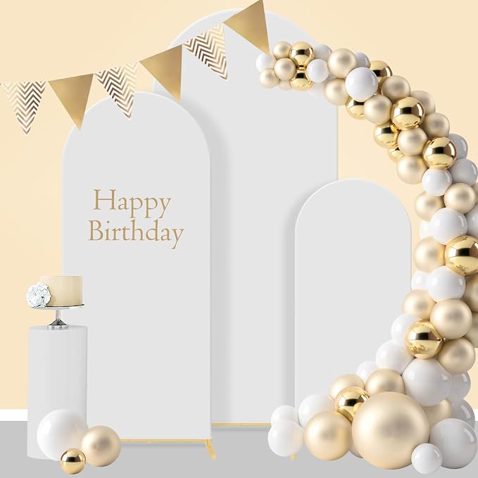 Gawicpy Wedding Arch Backdrop Stand Set Metal Arch Backdrop Stand with Wedding Arch Cover, Wedding Balloon Arch Backdrop Stand for Birthday, Baby Shower, Anniversary (White, 4FT+5FT+6FT)