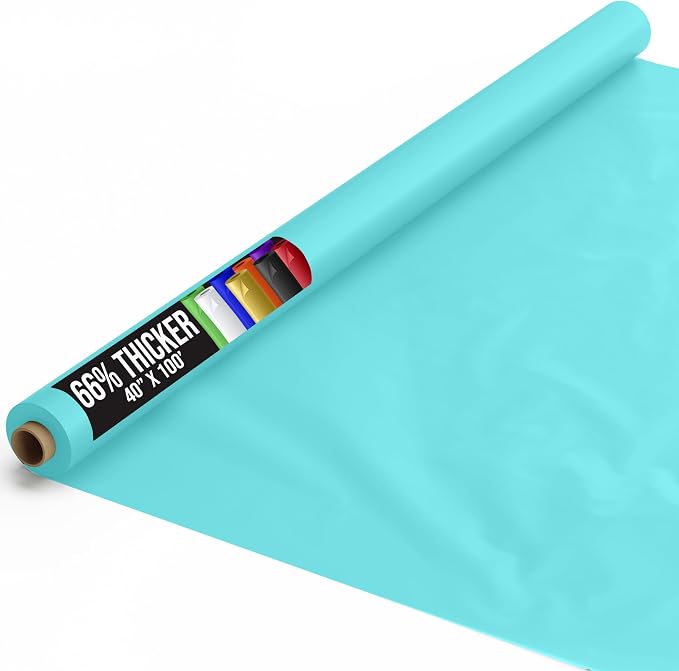 Party Solids 66% Thicker Premium Aqua Blue Plastic Table Cover Roll 40" X 100' Table Cloth Plastic Cover Roll Quality Thick Banquet Rolls Disposable Tablecloth Rolls Strong American Based Company