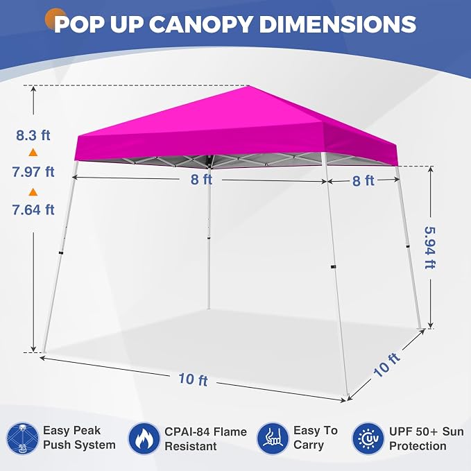 COOS BAY 10x10 Pop Up Canopy Tent, Portable Outdoor Shelter with Carry Bag for Tailgate, Party, Beach, Picnic, and Camping, 10x10 Base 8x8 Top, Pink