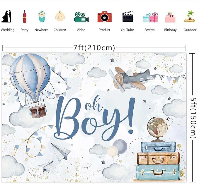 Lofaris 7x5ft Oh Boy Baby Shower Backdrop for Kids Boy Party Decoration Cloud Hot Balloon Adventure Begins Travel Around The World Airplane Up Up and Away Photography Background Banner Photo Booth