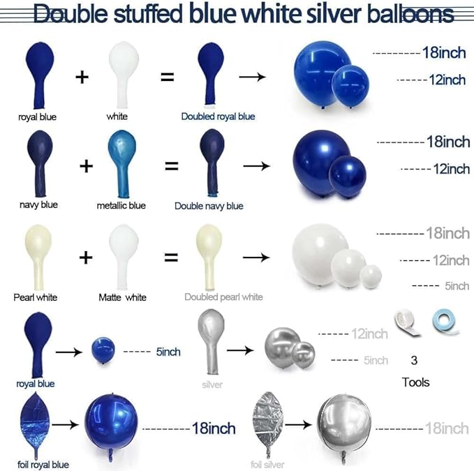 Navy Blue White Balloons Royal Blue Silver Balloon Garland Arch Kit for Birthday Baby Shower Graduation Bridal Shower Business Party Decorations