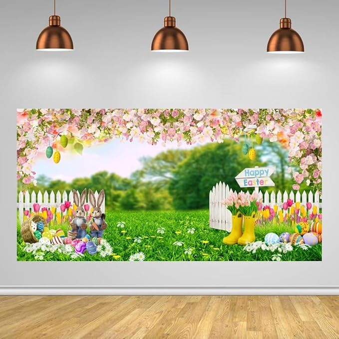 Easter Photo Backdrop 20x10ft Spring Garden Bunny Eggs Floral Green Grass Fence Easter Photography Backdrops for Happy Easter Party Decorations Banner Photo Booth Studio Props