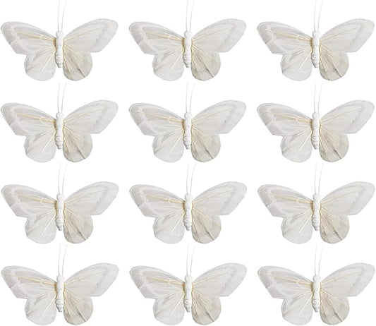 YCHTEWY-Feather Butterfly Decoration on Picks Floral Supplies Set of 12 pcs with Wire White Butterflies Butterflies for Flower Arrangements (B)