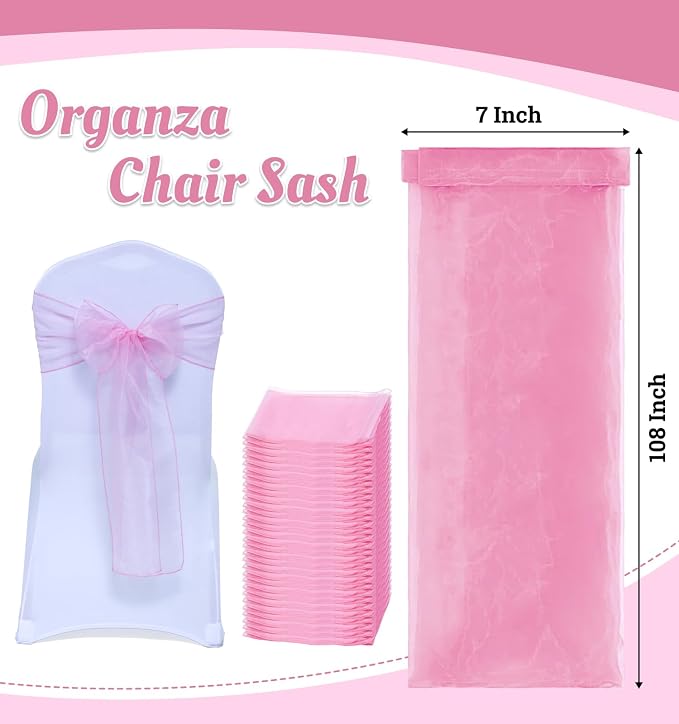 MDS® Pack of 125 Organza Chair Sashes for Wedding Decoration, Reusable Sheer Chair Bows for Banquet Chair Cover, Reception, Bridal Shower, Baby Shower, Birthday Party & Special Events - Blush Pink