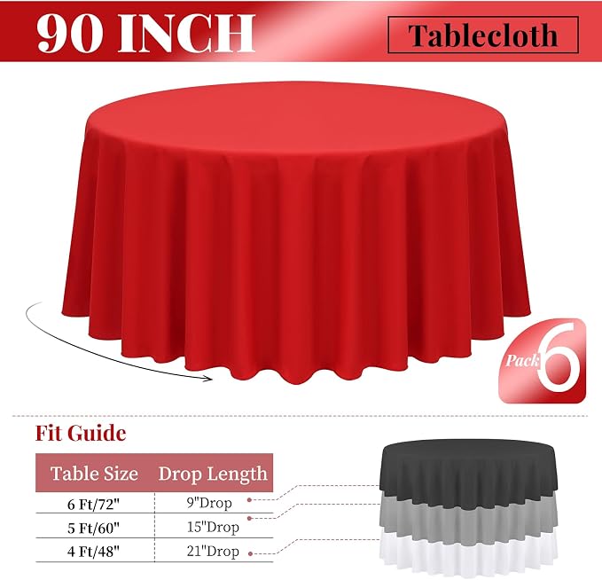 fani 6 Pack 90 Inch Round Tablecloth, Red Polyester Fabric Table Cloth for Round Table, Stain and Wrinkle Resistant Washable Table Cover for Wedding Party Dining Table Buffet and Camping