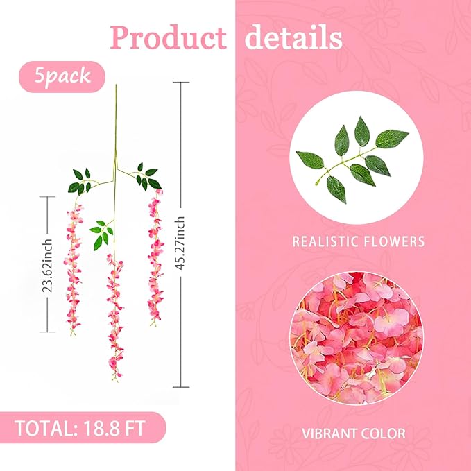 5 Pack Dark Pink Wisteria Hanging Flowers Garland, 3.77 Feet Artificial Flower Vines, Fake Wisteria, Artificial Vines Hanging Garland for Backdrop Outdoor Yard Garden Decor