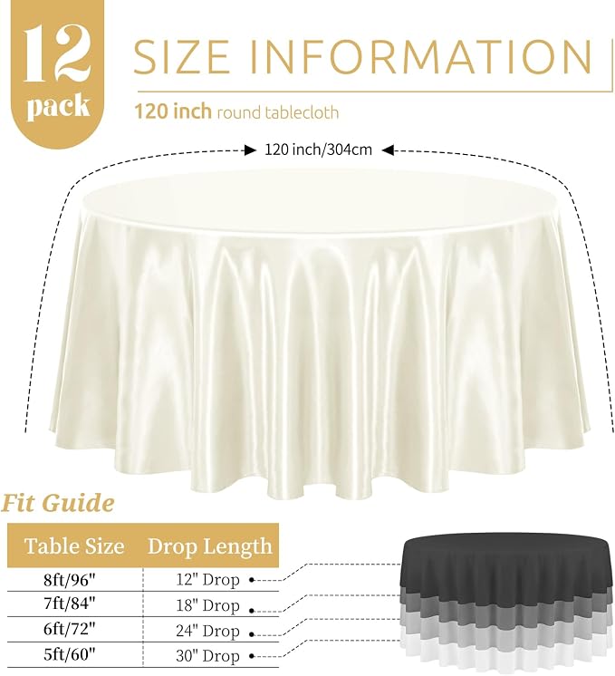 12 Pack Ivory Satin Tablecloth, 120 Inch Round Silky Satin Table Cloth, Bright Silk Tablecloth Smooth Fabric Table Covers Overlay Silky Tables Decoration for Wedding Party Banquet Birthday