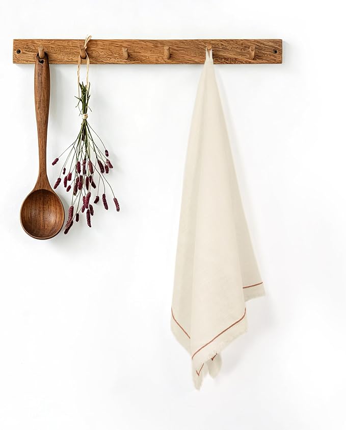 Linen World Dish Towels Set of 4, 20 x 28 Inch Linen Blend Kitchen Towel, Frayed Edge, Embroidered Border, Absorbent Large Tea Towels-Sand Beige
